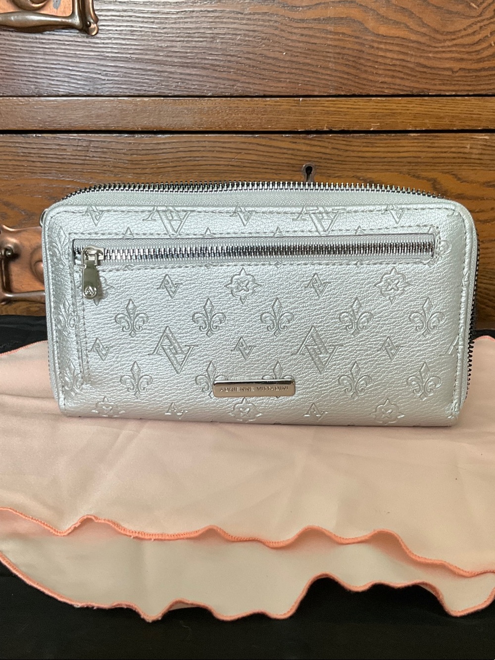 Adrienne Vittadini Metallic Silver Embossed Zip Wallet